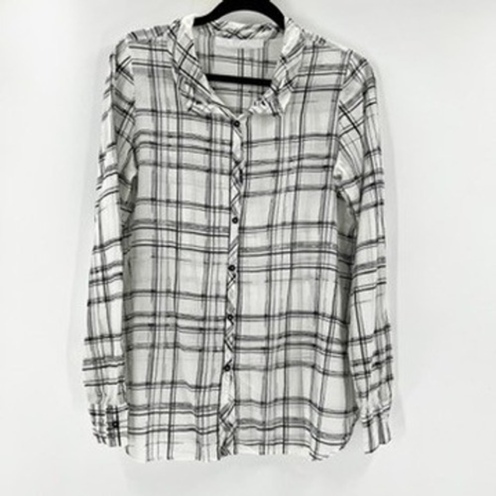 Lola & Sophia Women White Black Plaid Long Sleeve‎ Button Down Shirt Size S